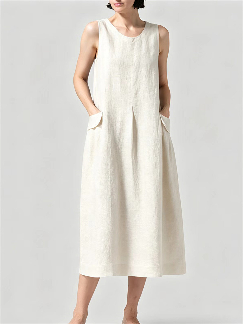 Cotton Linen Maxi Dress, Loose Fit Sleeveless Round Neck Dress With Pockets