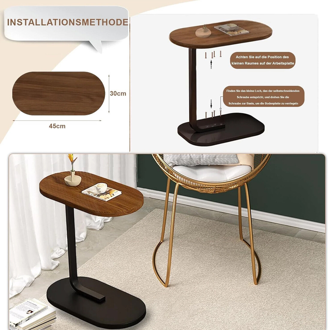C-Shaped Compact Sofa Side End Table Coffee Laptop Table