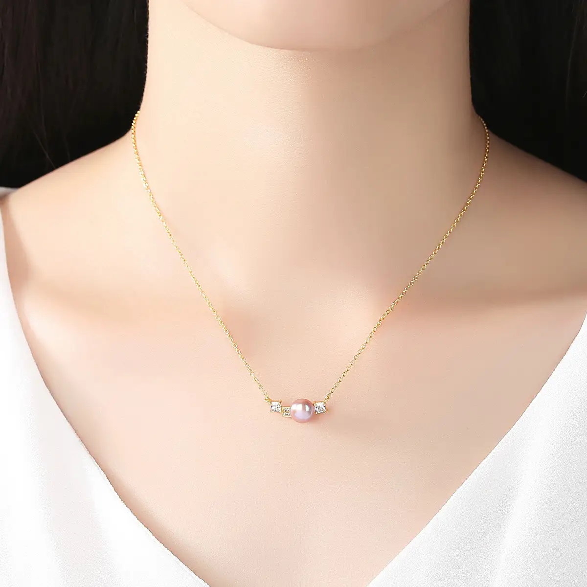 Freshwater Pearl Pendant Necklace with Geometric Accents in Sterling Silver