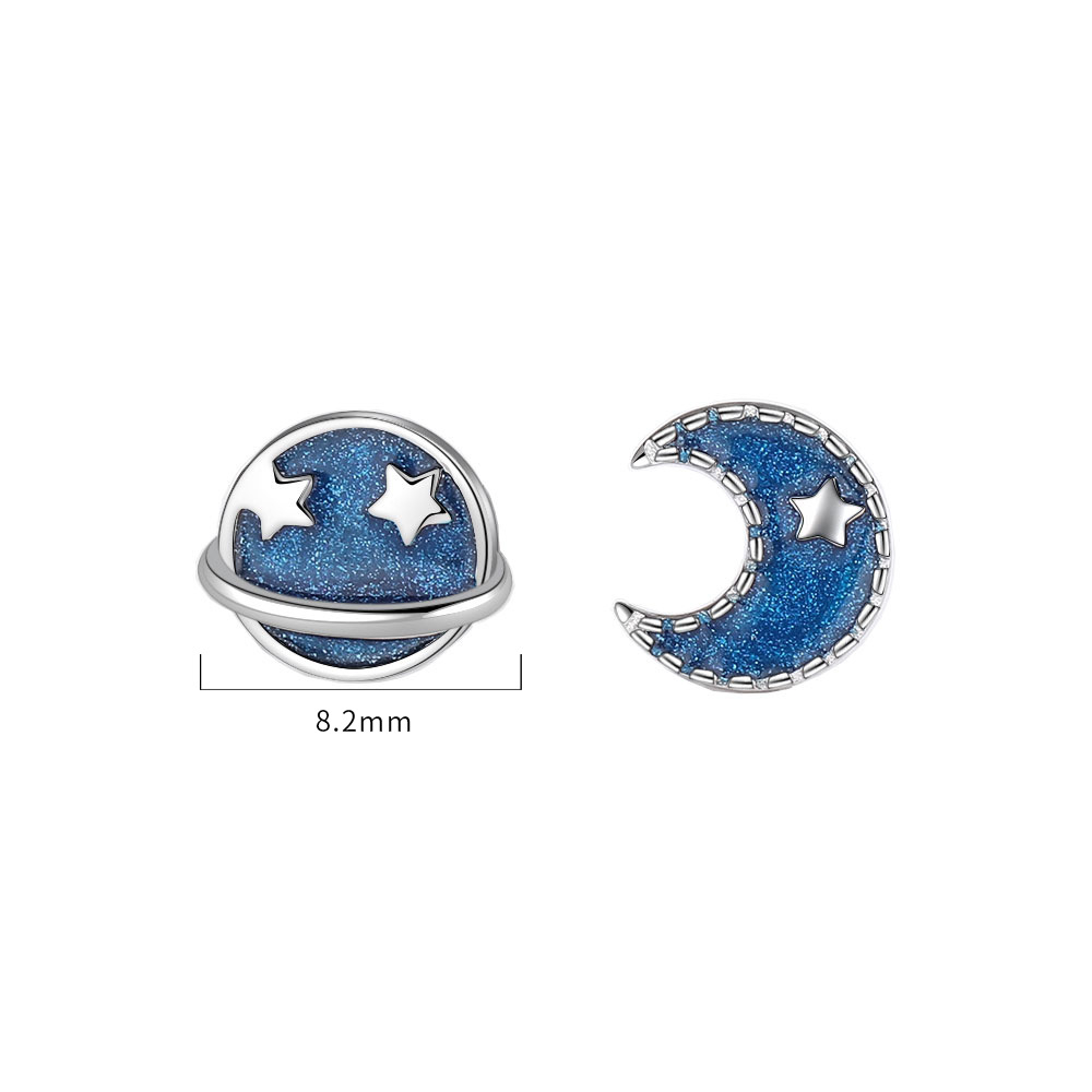 S925 Silver Blue Planet Moon Stud Earrings