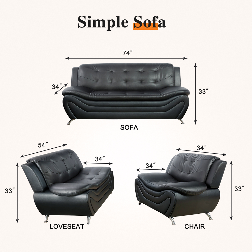 Pickup Only--Black Faux Leather 3-Piece Couch Living Room Sofa Set