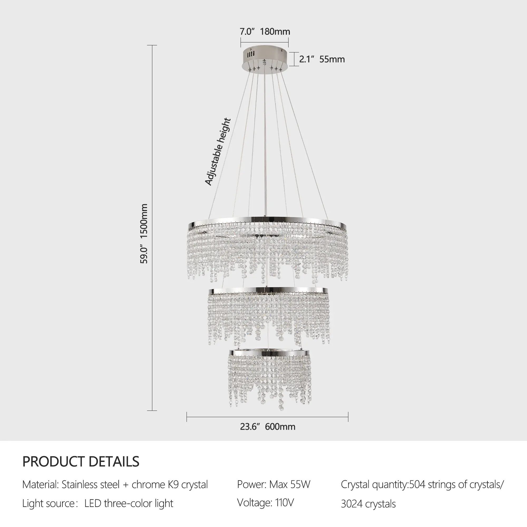 24-inch Crystal Chandelier LED Ceiling Lamp, Adjustable Color Temperature 3000K 4000K 6000K, Height Adjustable, Luxury Round Chandelier, Suitable For Living Roo