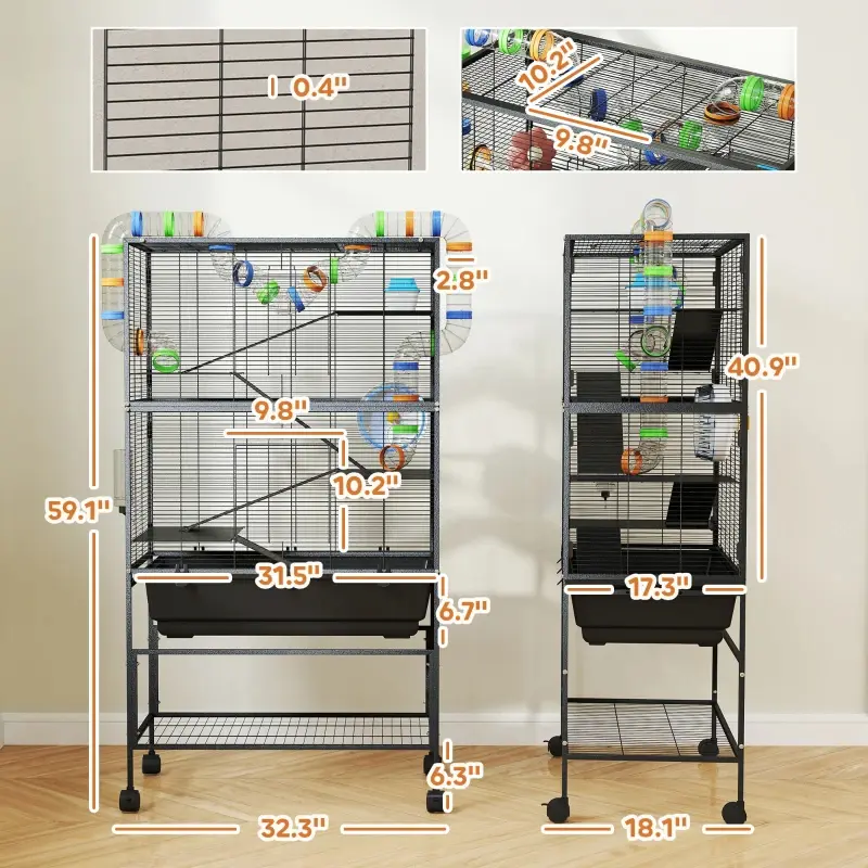 PawHut 5 Tier Hamster Cage, Rolling Rat Cage With Deep Tray, Storage Shelf, Big Exercise Wheel, Hut, Tube System