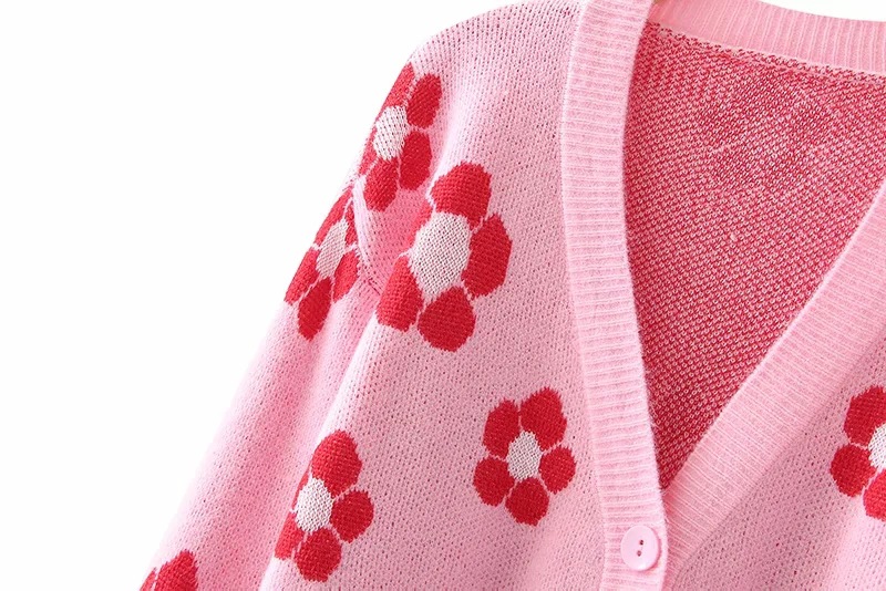 V-neck Knitted Floral Jacquard Sweater