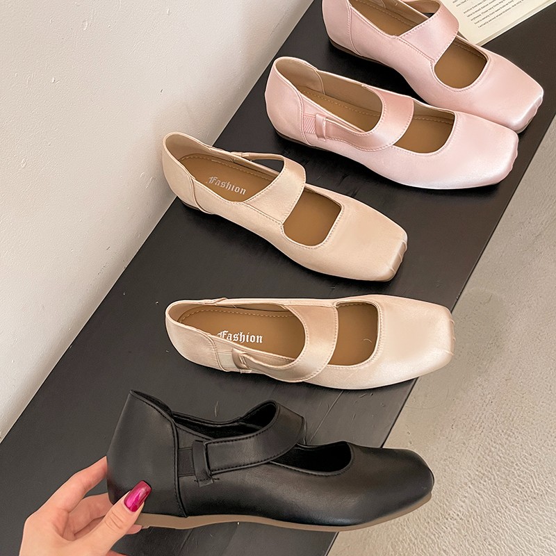 Women French Minimalist Single Strap Square Toe Mary Jane Flats, Adjustable Buckle Shiny Satin Soft Matte Leather Slip On Gentle Casual Daily Doll Loafer Shoes