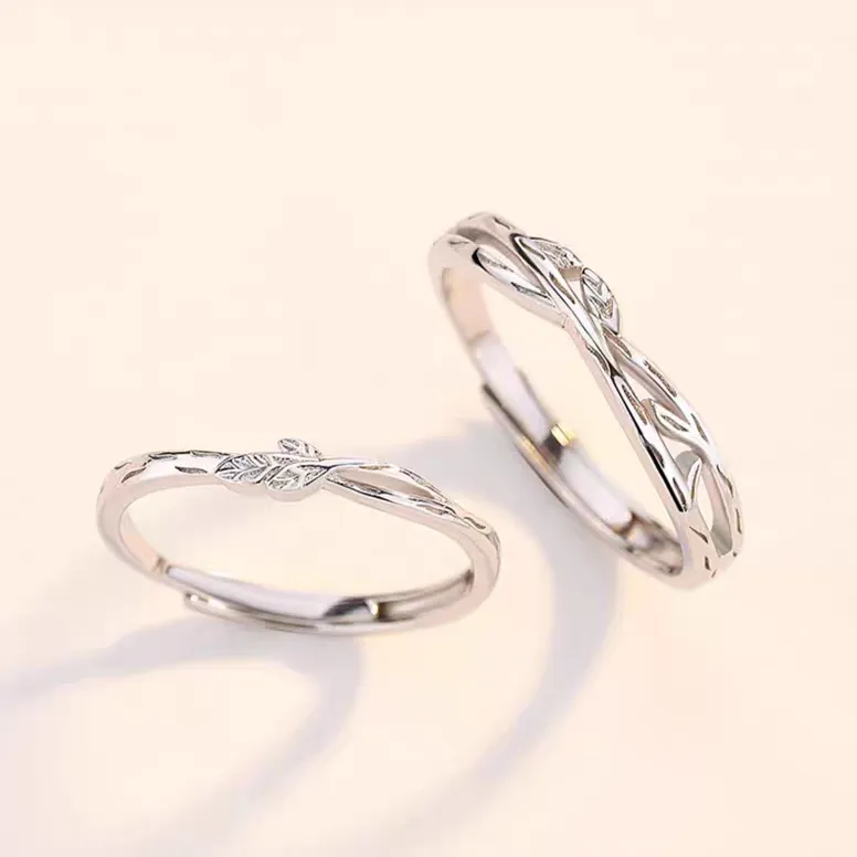 1 Pair 999 Sterling Silver Entwined Branch Couple Rings, Romantic Adjustable Promise Rings, Ideal Valentine's Day Gift For Lovers