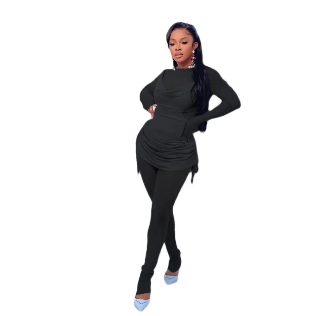 Solid Color Sling Pleated Drawstring Long Sleeve Fashion Mesh Two piece Set Black - Shop at LoveMi