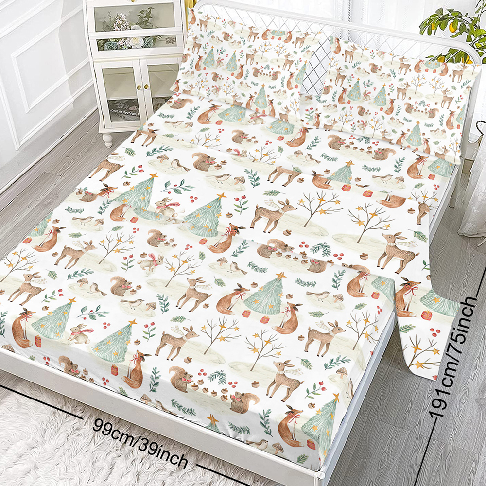 Sheet Set Kids - Cute Deer Fox 4 Pieces Soft Microfiber Cartoon Style Bedsheets For Boys Girls Teens, Breathable Deep Pocket Sheets Forest Animals