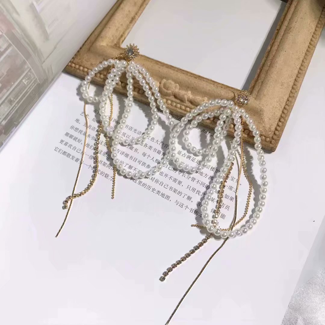 Super Fairy Lady Temperament Long Pearl Diamond Tassel Earrings