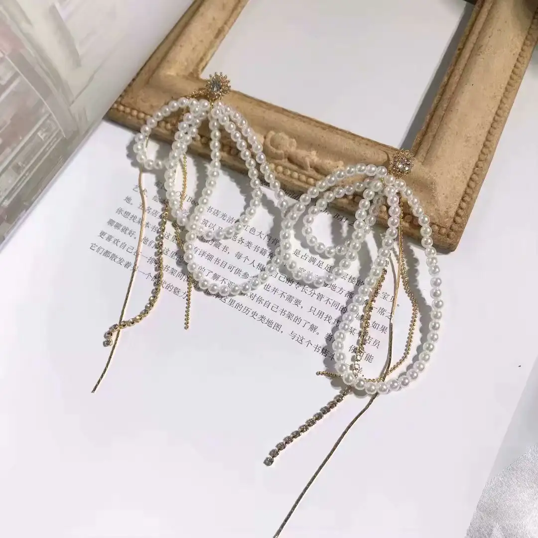 Super Fairy Lady Temperament Long Pearl Diamond Tassel Earrings