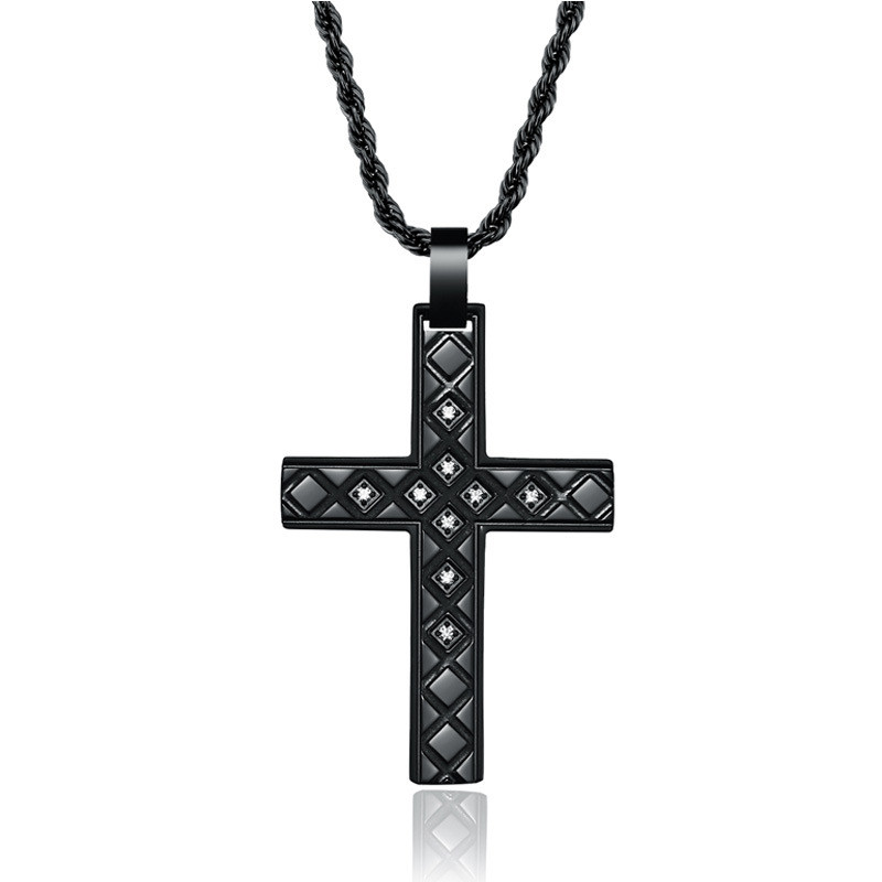 Titanium Steel CNC Diamond Drawing Line Cross Men's Necklace