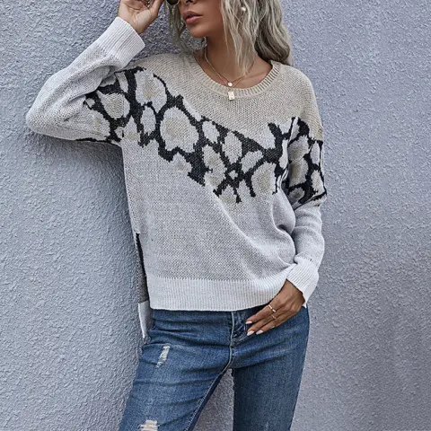 Women Animal Print Sweater Loose Round Neck
