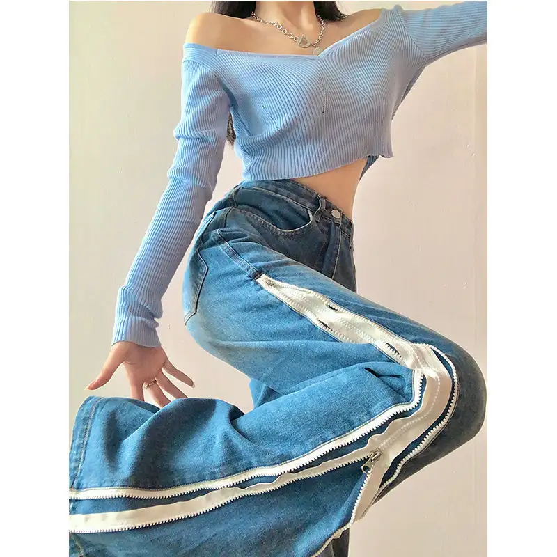Women's Double Layer Side Zip Wide Leg Jeans