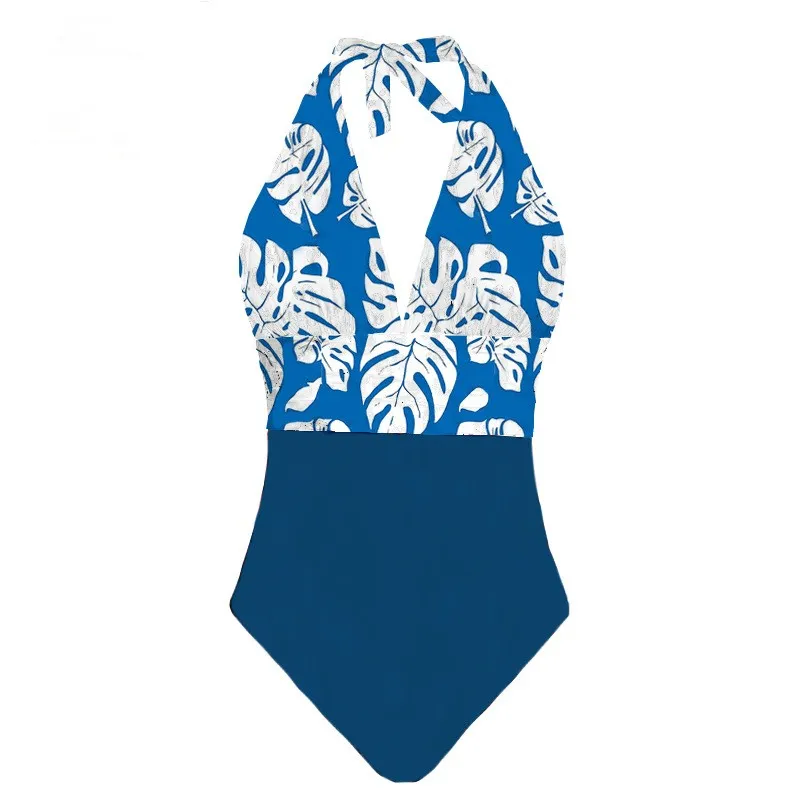 Lace Up Neck Deep V Open Back One-piece Bikini - Blue
