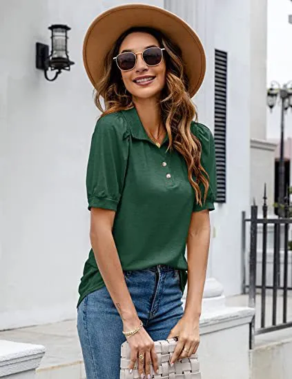 Polo Shirt Button Down Neck Puff Sleeve Loose T Shirt Shirt Green - Shop at LoveMi