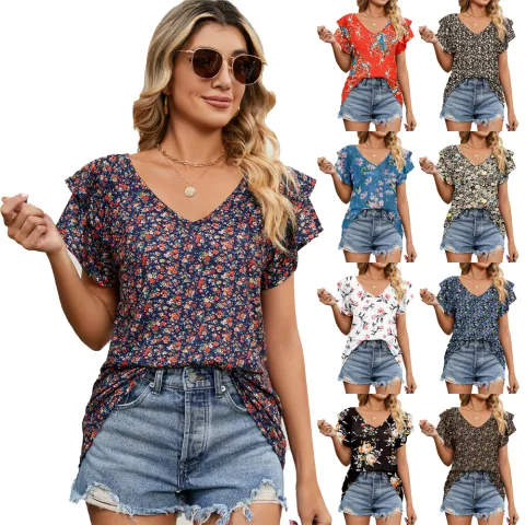 Women's Tops Casual V Neck Ruffle Short Sleeve T