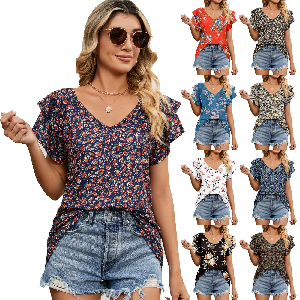 Women's Tops Casual V Neck Ruffle Short Sleeve T