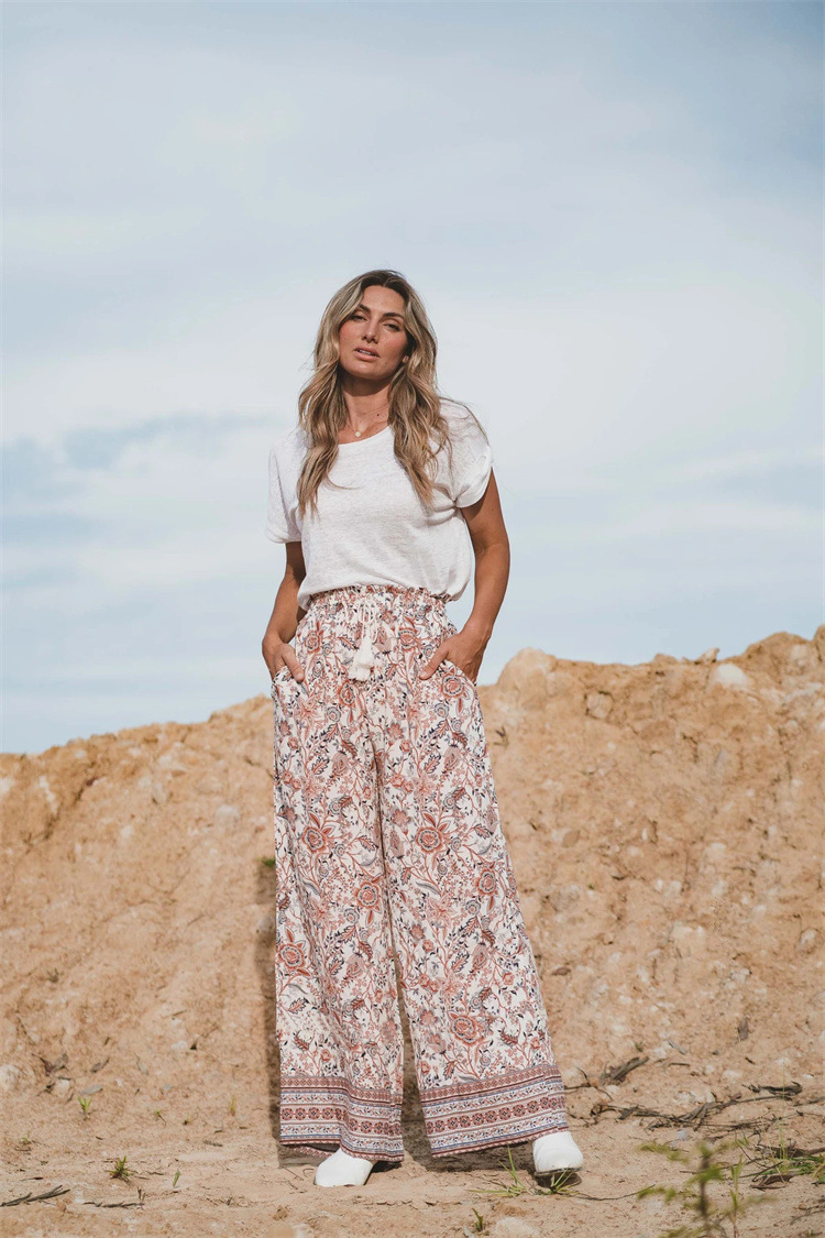 Printed Lanyard Wide Leg Pants Versatile Pants