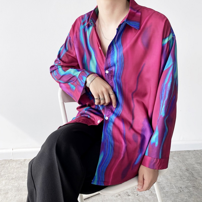 Red And Blue Contrast Print Loose Shirt