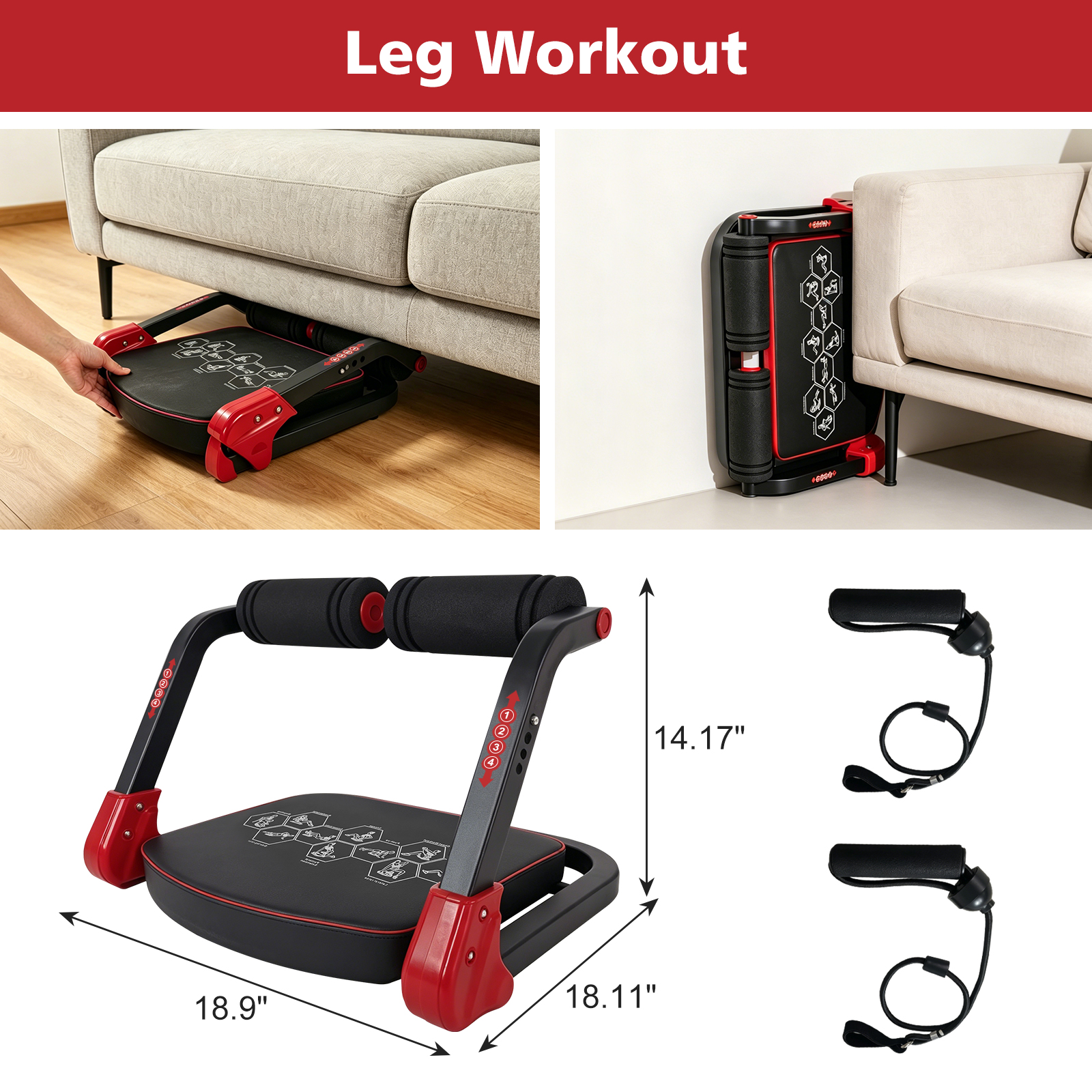 Ab Core Trainer Abdominal Machine For Home Gym With Resistance Bands Red 5