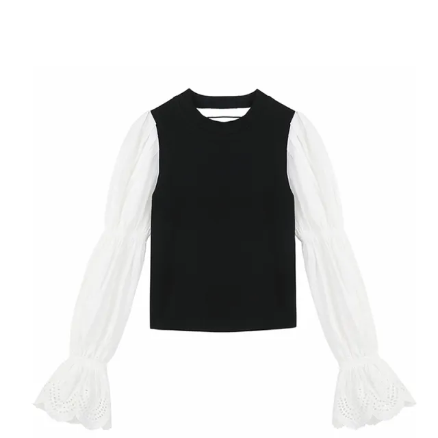 Hollow Knitted Top With Lace Back Black And White - Shop at LoveMi