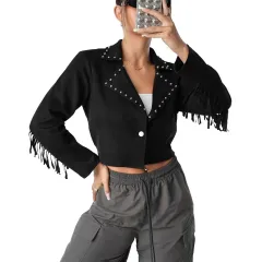 Western Denim Style Suede Fringe Imitation Rivet Women's Short Jacket - Black - View 1