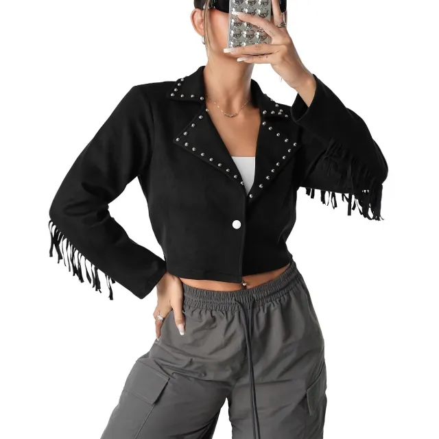 Western Denim Style Suede Fringe Imitation Rivet Women's Short Jacket Black - Shop at LoveMi