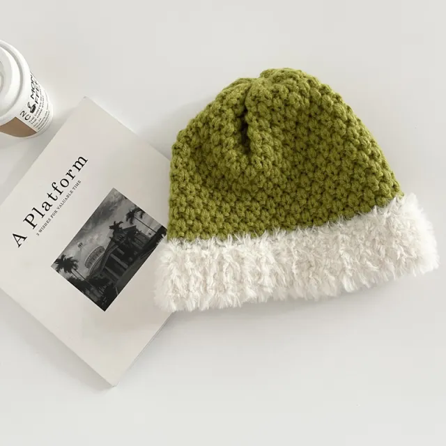 Handmade Plush Stitching Knitted Hat Female Mustard Green - Shop at LoveMi