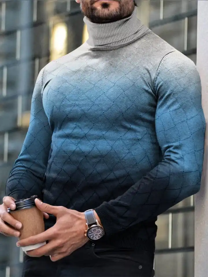 Autumn Winter Men's Long Sleeve Turtleneck T Shirt Printed Casual Top