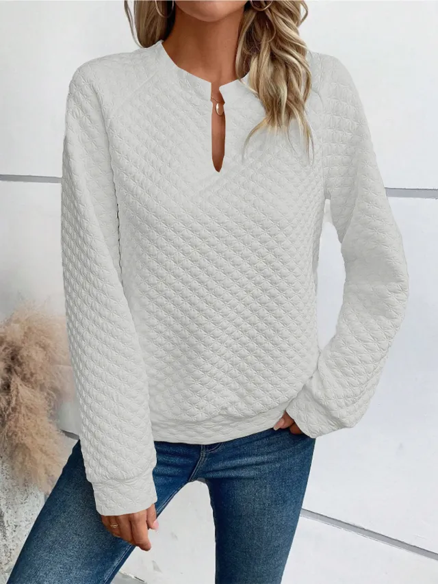 Fashion V neck Long sleeved T shirt French Style Casual Solid Color Plaid Sweatshirt Top Womens Clothing White - Shop at LoveMi