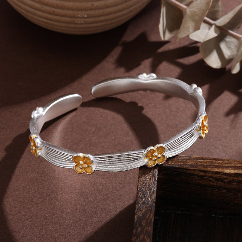 Bracelet ouvert argent 925, fleur de prunier bicolore orientale