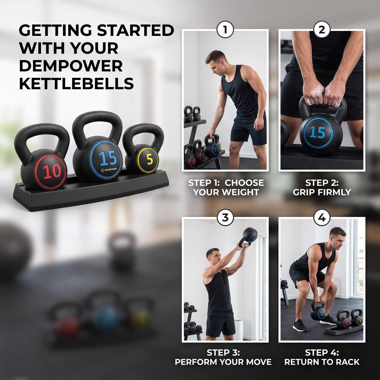 Kettlebell Set With Rack, 5lb -10lb -15lb 3-Piece Set,