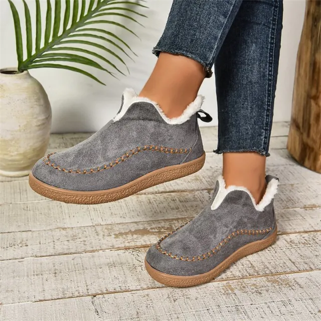 Fashion V cut Plush Ankle Boots Winter Plus Velvet Flat Snow Boot Casual Warm Solid Suede Cotton Shoes For Women Grey - Shop at LoveMi