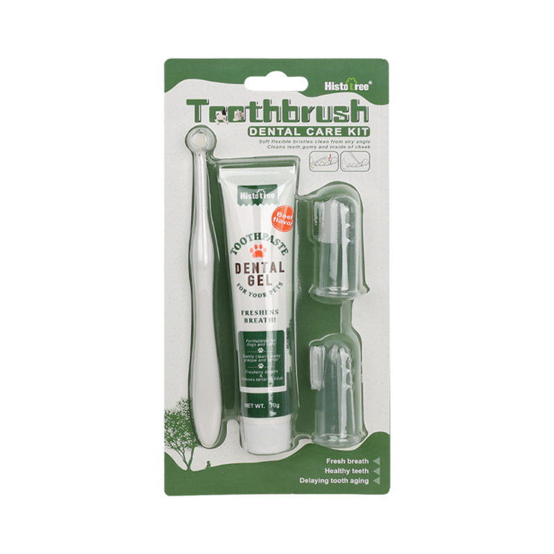 Pet Oral Hygiene Kit with Brushes, Toothpaste, and Flavors including a dual-sided toothbrush, long handle design, soft bristles, fingerbrush, and poultry-flavored toothpaste.