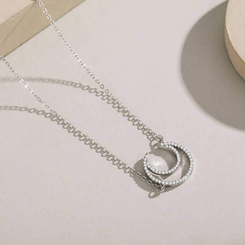 Sterling Silver With Diamonds And Mother-of-pearl Shell Moon Necklace