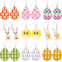 9 Pairs Easter Faux Leather Earrings For Women Lightweight Leaf Long Dangle Teardrop Earrings For Easter Egg Hunt Party Supplies Easter Dress Up - ... - View 1