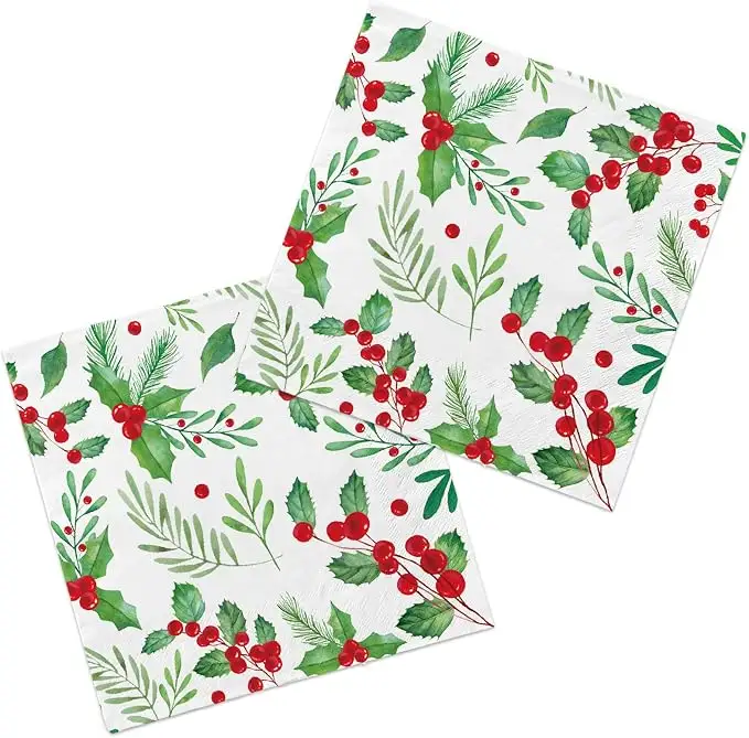 Christmas Holly Paper Beverage Napkins, Festive Cocktail