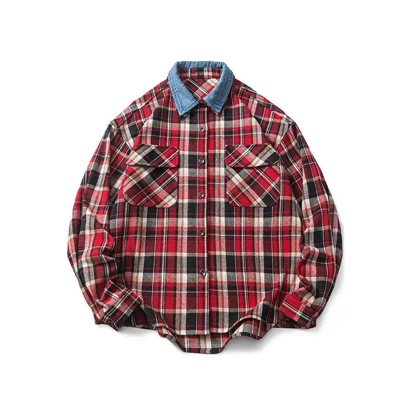 New Denim Lapel Plaid Shirt Men's Retro