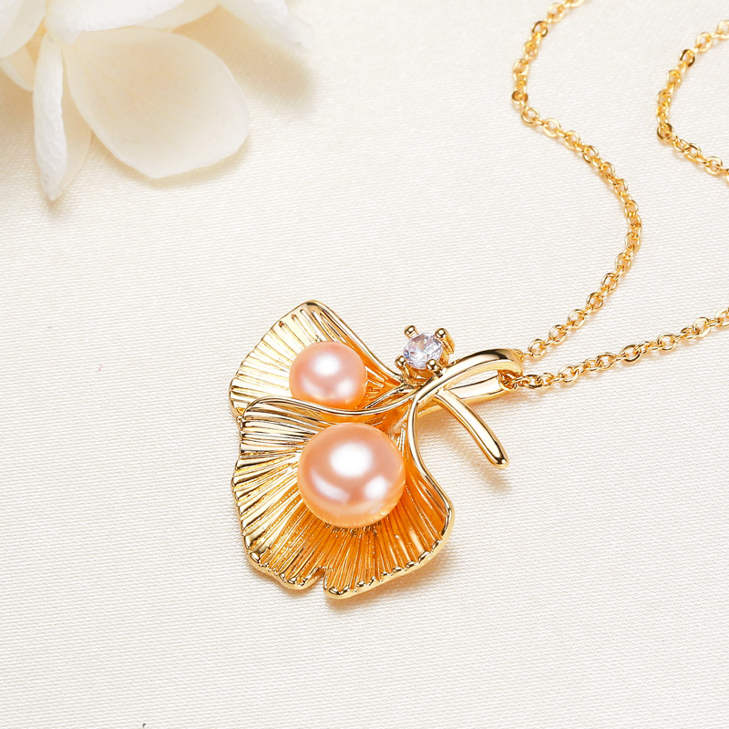 Natural Pearl Jewelry Vintage Double Leaf Zircon Gold Color Pendant Necklace For Woman