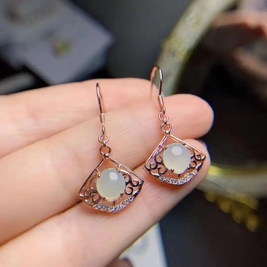 Natural Emerald Eardrops Rose Fan Temperament Ear Studs