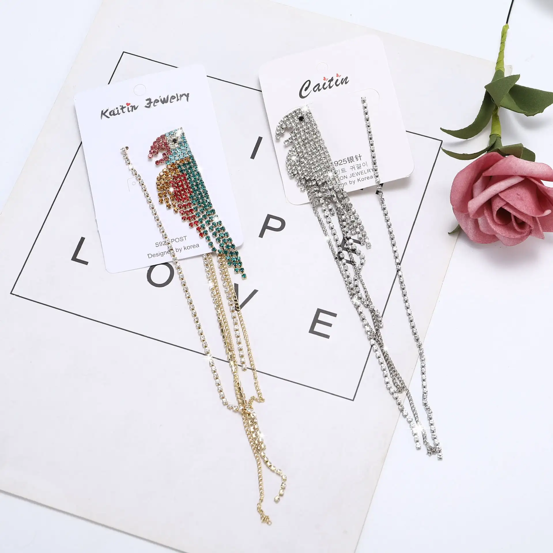 Shining Colorful Crystals Geometric Animal Asymmetric Full Rhinestone Tassel Parrot Stud Earrings