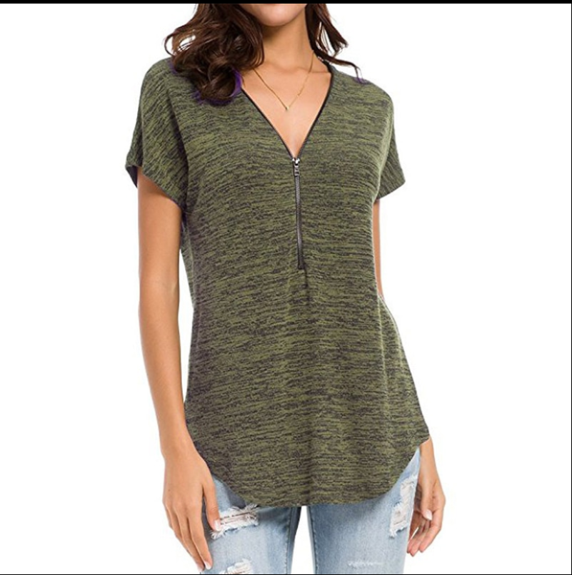 Pure Color Zipper Stitching Casual Loose V-neck Short Sleeves