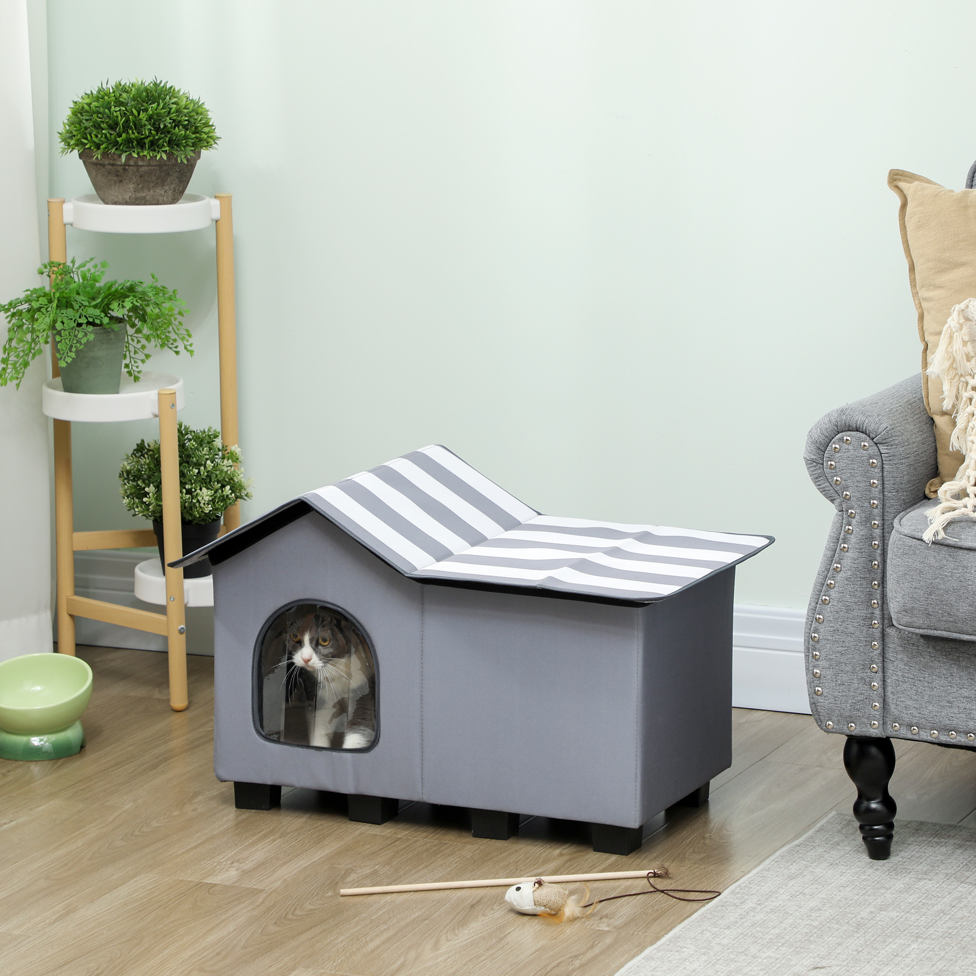 Outdoor Cat House, Weather Resistant Feral Cat Cave With Elevated Base And Cushion For Winter, Grey