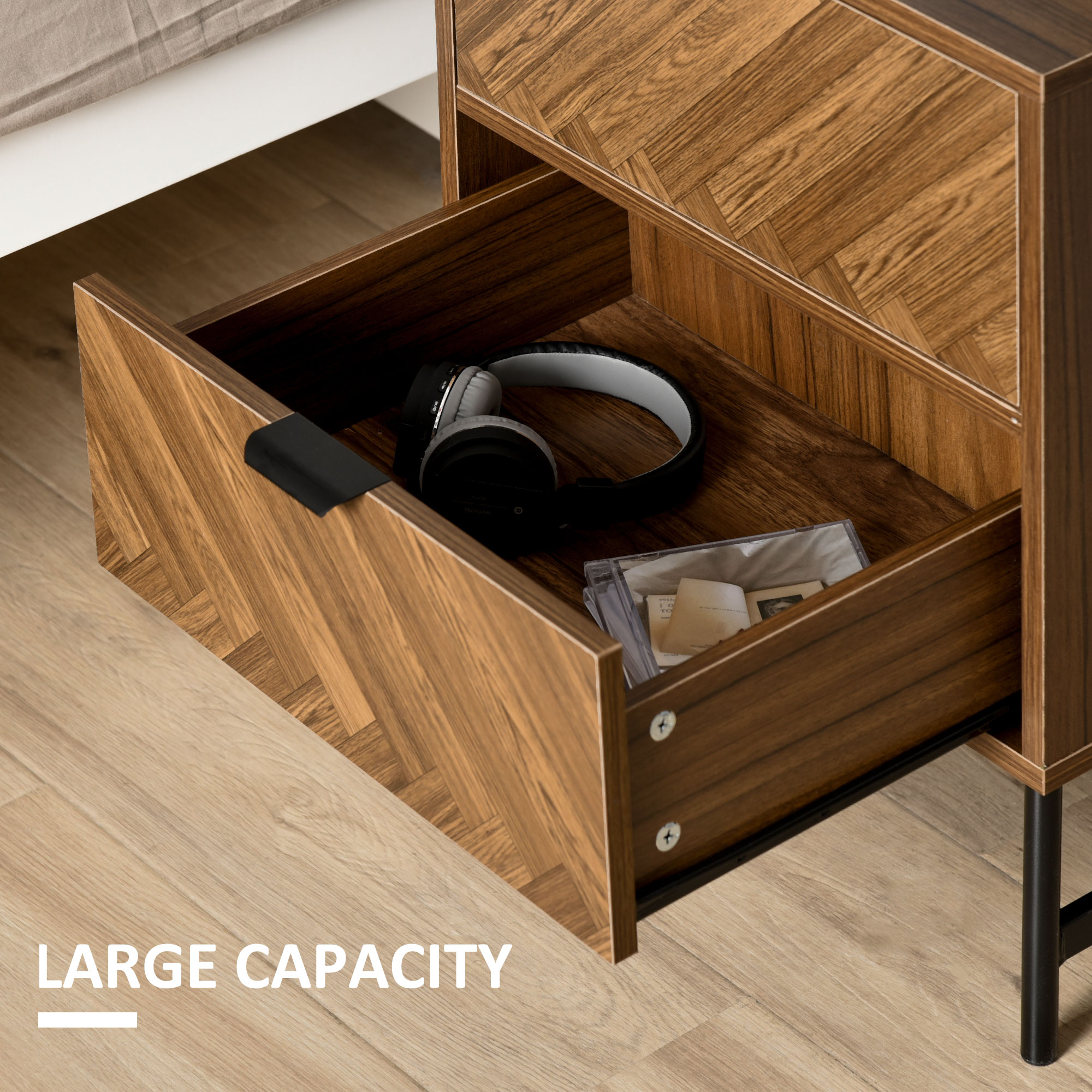 Bedside Table With Two Drawers, Side Cabinet Storage Unit Metal Handles — image 9