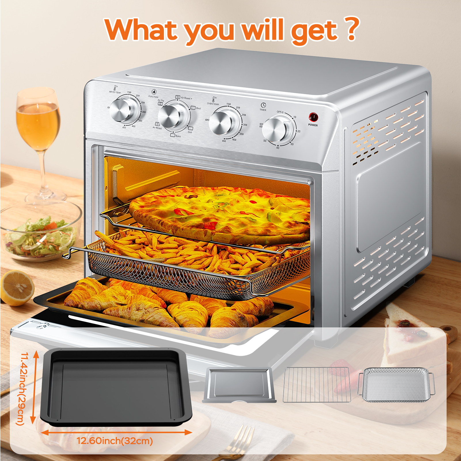 27.5QT 6-in-1 Air Fryer Toaster Oven, 6-Slice, Countertop Convection Oven, Air Frying, Baking, Roasting, Broiling & Grilling, 1600W, Sliver, Amazon Resale Prohibited — foto 6