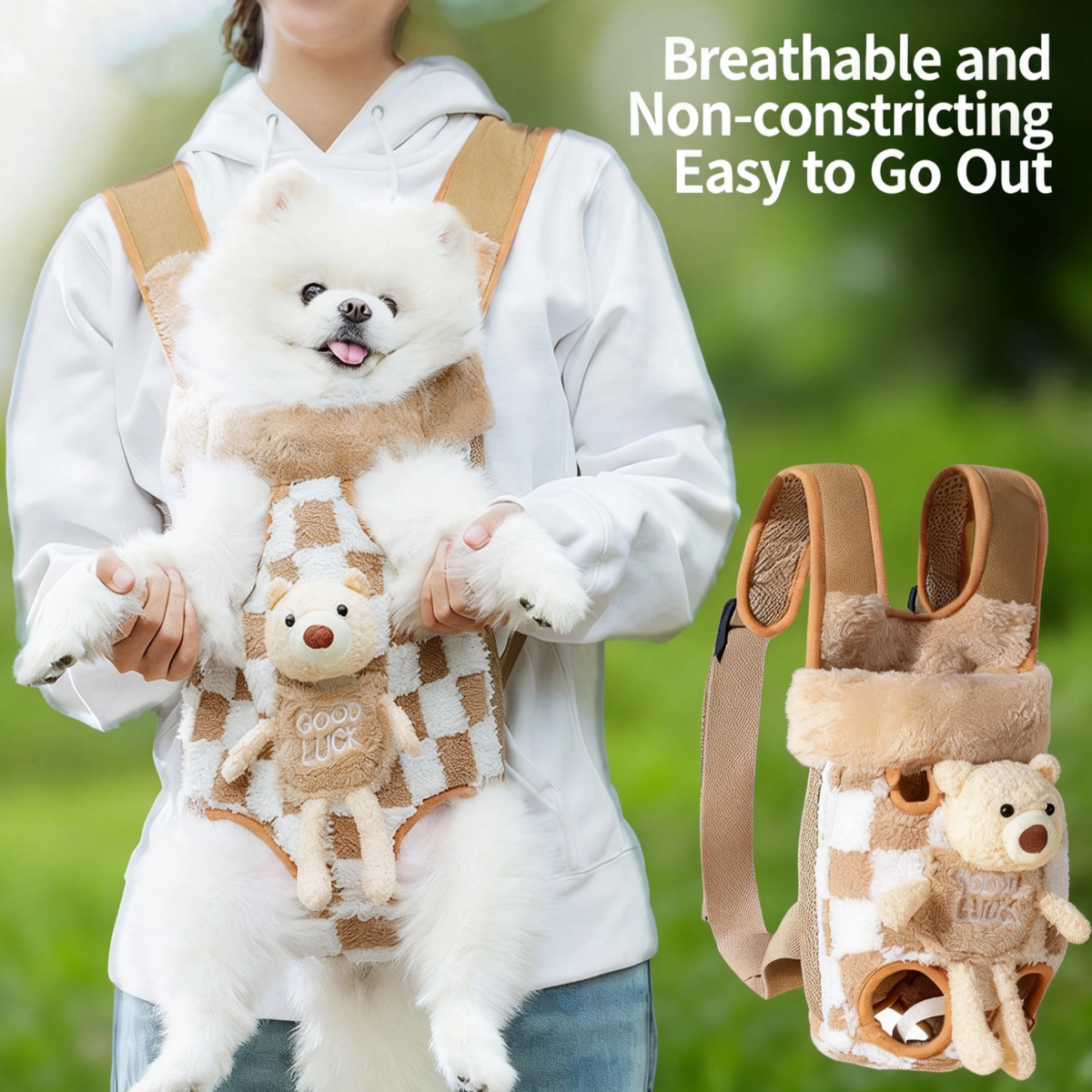 Fleece Pet Carrier Backpack For Small Dogs Cats, Front Facing Dog Carrier Bag With Ergonomic Support, Warm Plush Puppy Carrier With Wide Leg Openings For Outdoor Travel Hiking