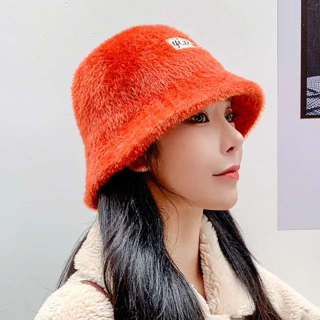 Imitation Mink Wool Solid Color Letter Embroidered Fisherman Hat Outdoor Warmth And Fashion Orange - Shop at LoveMi