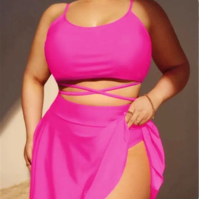 Solid Large Three Piece High Waist Bikini Swimsuit Pink - Shop at LoveMi