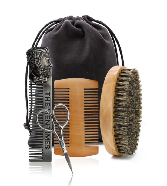 Men's Beard Care Suit Scissors Mane Brush Double sided Tooth HeadComb 4Pcs And Cloth Bag - Shop at LoveMi