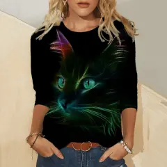 Knitted Long Sleeve Printed Round Neck Women's T-Shirt - Black2 - View 1